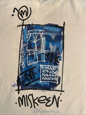 Miskeen Hand Painted Graphic Graffiti Tee in Blue and White